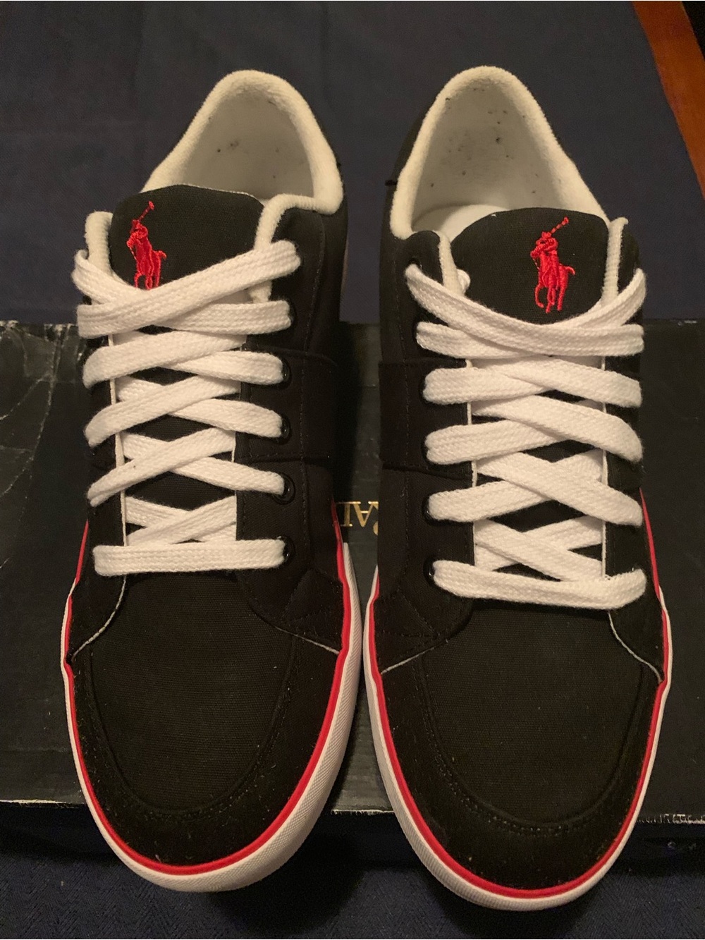 Polo by Ralph Lauren Black Canvas Sneakers with Red Logo and White Laces